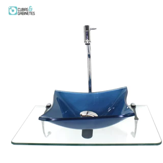 KIT CUBA DE VIDRO QUADRADA 10MM AZUL COM TAMPO 50CM INCOLOR E SUPORTE CROMADO