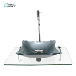 KIT CUBA DE VIDRO QUADRADA 10MM PRATA COM TAMPO 50CM INCOLOR E SUPORTE CROMADO