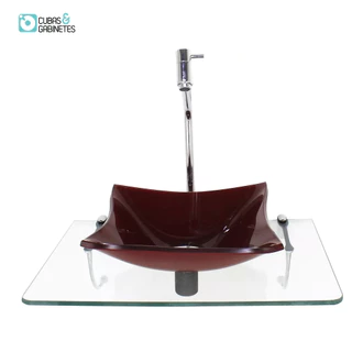 KIT CUBA DE VIDRO QUADRADA 10MM VERMELHO CEREJA COM TAMPO 50CM INCOLOR E SUPORTE CROMADO