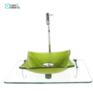 KIT CUBA DE VIDRO QUADRADA 10MM VERDE OLIVA COM TAMPO 50CM INCOLOR E SUPORTE CROMADO