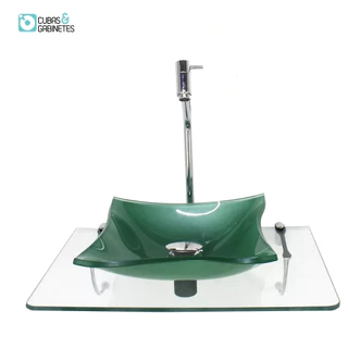 KIT CUBA DE VIDRO QUADRADA 10MM VERDE COM TAMPO 50CM INCOLOR E SUPORTE CROMADO