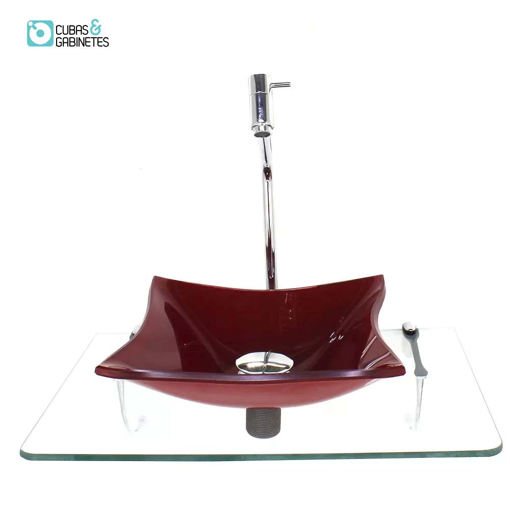 KIT CUBA DE VIDRO QUADRADA 10MM VERMELHO FERRARI COM TAMPO 50CM INCOLOR E SUPORTE CROMADO