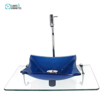 KIT CUBA DE VIDRO 10MM AZUL ESCURO TAMPO 50CM INCOLOR COM SUPORTE TORNEIRA VALVULA