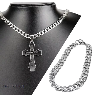 Kit colar Corrente cordao masculino Cruz prata prateado aço inox pingente placa Crucifixo pai nosso com pulseira Prata resistente antialérgico