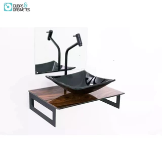 Gabinete De Vidro 50cm Com Cuba Quadrada - Madeira Nogueira