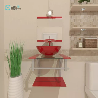 GABINETE DE VIDRO PARA BANHEIRO 40CM CUBA REDONDA AC VERMELHO FERRARI