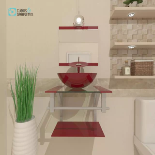 GABINETE DE VIDRO PARA BANHEIRO 40CM CUBA REDONDA AC VERMELHO CEREJA
