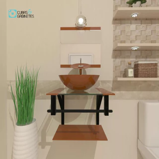 GABINETE DE VIDRO 40CM AP COM CUBA REDONDA DOURADO REAL