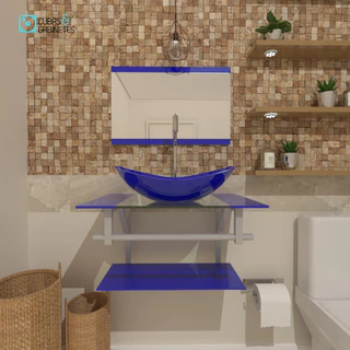 Gabinete De Vidro 60cm Ac Banheiro Cuba Oval - Azul Escuro