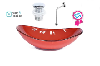 CUBA DE VIDRO OVAL 47CM VERMELHO FERRARI + VÁLVULA CLICK + TORNEIRA DE METAL