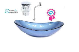 CUBA DE VIDRO OVAL 47CM AZUL + VÁLVULA CLICK + TORNEIRA DE METAL