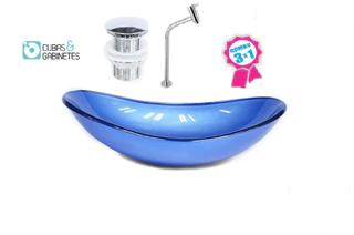 CUBA DE VIDRO OVAL 47CM AZUL ESCURO + VÁLVULA CLICK + TORNEIRA DE METAL