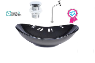 Cuba De Vidro Oval 47cm Preta + Válvula Click + Torneira De Metal