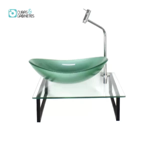 KIT CUBA DE VIDRO OVAL 10MM VERDE TAMPO 40CM INCOLOR COM SUPORTE TORNEIRA VALVULA