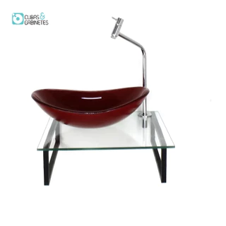 KIT CUBA DE VIDRO OVAL 10MM VERMELHO CEREJA TAMPO 40CM INCOLOR COM SUPORTE TORNEIRA VALVULA