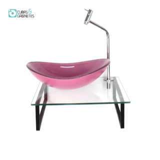 KIT CUBA DE VIDRO OVAL 10MM ROSA TAMPO 40CM INCOLOR COM SUPORTE TORNEIRA VALVULA
