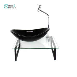 KIT CUBA DE VIDRO OVAL 10MM PRETA TAMPO 40CM INCOLOR COM SUPORTE TORNEIRA VALVULA