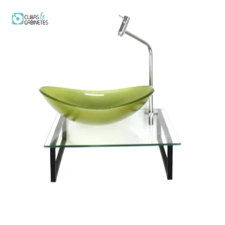 KIT CUBA DE VIDRO OVAL 10MM VERDE OLIVA TAMPO 40CM INCOLOR COM SUPORTE TORNEIRA VALVULA