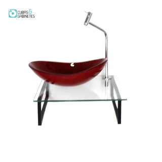 KIT CUBA DE VIDRO OVAL 10MM VERMELHO FERRARI COM TAMPO 40CM INCOLOR E SUPORTE PRETO