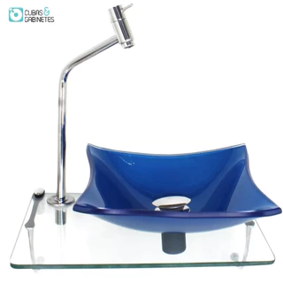 KIT CUBA DE VIDRO 10MM AZUL ESCURO TAMPO 40CM INCOLOR COM SUPORTE TORNEIRA VALVULA