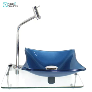 KIT CUBA DE VIDRO 10MM AZUL TAMPO 40CM INCOLOR COM SUPORTE TORNEIRA VALVULA