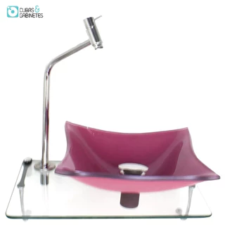 KIT CUBA DE VIDRO 10MM ROSA TAMPO 40CM INCOLOR COM SUPORTE TORNEIRA VALVULA