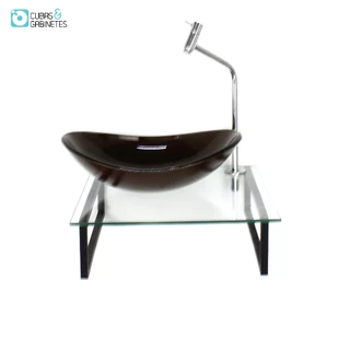 KIT CUBA DE VIDRO OVAL 10MM MARROM COM TAMPO 40CM INCOLOR E SUPORTE PRETO