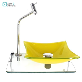 KIT CUBA DE VIDRO 10MM AMARELA TAMPO 40CM INCOLOR COM SUPORTE TORNEIRA VALVULA