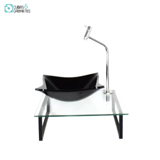KIT CUBA DE VIDRO QUADRADA 10MM PRETA COM TAMPO 40CM INCOLOR E SUPORTE PRETO