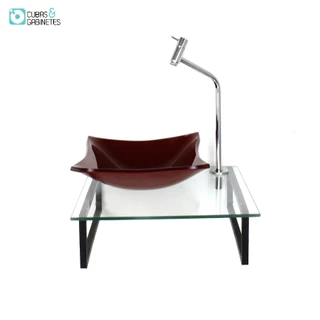 KIT CUBA DE VIDRO QUADRADA 10MM VERMELHO CEREJA COM TAMPO 40CM INCOLOR E SUPORTE PRETO
