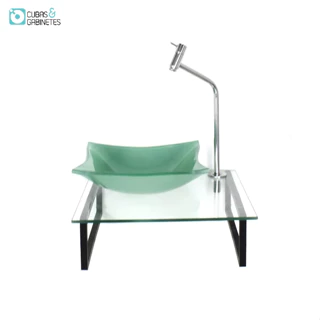 KIT CUBA DE VIDRO QUADRADA 10MM VERDE COM TAMPO 40CM INCOLOR E SUPORTE PRETO