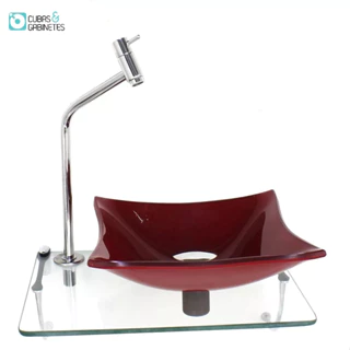 KIT CUBA DE VIDRO QUADRADA 10MM VERMELHO CEREJA COM TAMPO 40CM INCOLOR E SUPORTE CROMADO