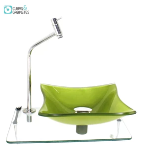 KIT CUBA DE VIDRO QUADRADA 10MM VERDE OLIVA COM TAMPO 40CM INCOLOR E SUPORTE CROMADO