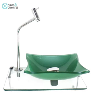 KIT CUBA DE VIDRO QUADRADA 10MM VERDE COM TAMPO 40CM INCOLOR E SUPORTE CROMADO