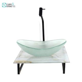 KIT CUBA DE VIDRO OVAL 10MM JATEADA COM TAMPO DE VIDRO 40CM X 40CM MÁRMORE BRANCO DOURADO E SUPORTE PRETO