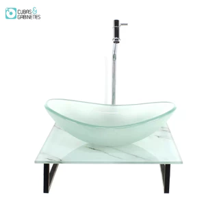 KIT CUBA DE VIDRO OVAL 10MM JATEADA COM TAMPO DE VIDRO 40CM X 40CM MÁRMORE BRANCO E SUPORTE TORNEIRA VALVULA