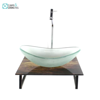 KIT CUBA DE VIDRO OVAL 10MM JATEADA COM TAMPO DE VIDRO 40CM X 40CM MADEIRA RUSTICA E SUPORTE TORNEIRA VALVULA