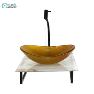 KIT CUBA DE VIDRO OVAL 10MM COM TAMPO DE VIDRO 40CM X 40CM MÁRMORE BRANCO DOURADO E SUPORTE PRETO