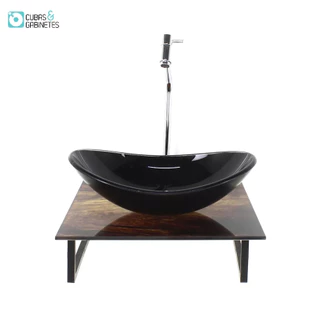 KIT CUBA DE VIDRO OVAL 10MM COM TAMPO DE VIDRO 40CM X 40CM MADEIRA RUSTICA E SUPORTE TORNEIRA VALVULA