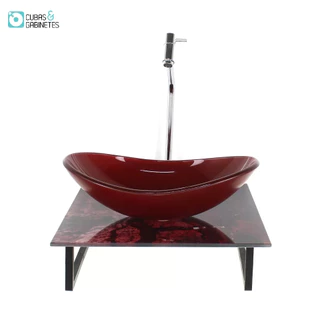 KIT CUBA DE VIDRO OVAL 10MM COM TAMPO DE VIDRO 40CM X 40CM MÁRMORE AVERMELHADO E SUPORTE TORNEIRA VALVULA
