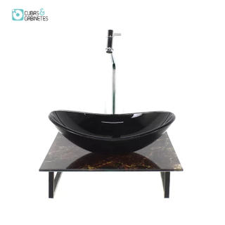 KIT CUBA DE VIDRO OVAL 10MM COM TAMPO DE VIDRO 40CM X 40CM MÁRMORE IMPERDADOR E SUPORTE TORNEIRA VALVULA