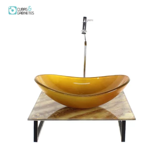 KIT CUBA DE VIDRO OVAL 10MM COM TAMPO DE VIDRO 40CM X 40CM MÁRMORE MARFIM E SUPORTE TORNEIRA VALVULA