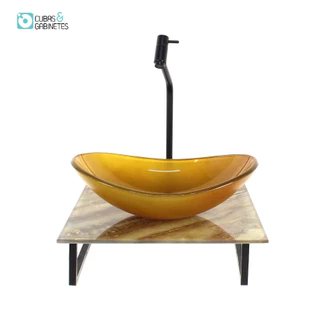 KIT CUBA DE VIDRO OVAL 10MM COM TAMPO DE VIDRO 40CM X 40CM MÁRMORE MARFIM E SUPORTE PRETO