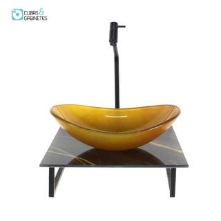 KIT CUBA DE VIDRO OVAL 10MM COM TAMPO DE VIDRO 40CM X 40CM MÁRMORE PRETO DOURADO E SUPORTE PRETO