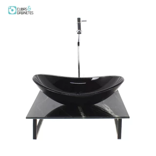 KIT CUBA DE VIDRO OVAL 10MM COM TAMPO DE VIDRO 40CM X 40CM MÁRMORE PRETO E SUPORTE TORNEIRA VALVULA