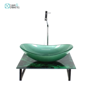 KIT CUBA DE VIDRO OVAL 10MM COM TAMPO DE VIDRO 40CM X 40CM MÁRMORE VERDE E SUPORTE TORNEIRA VALVULA