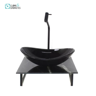 KIT CUBA DE VIDRO OVAL 10MM COM TAMPO DE VIDRO 40CM X 40CM MÁRMORE PRETO E SUPORTE PRETO