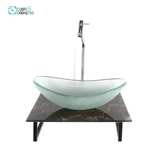 KIT CUBA DE VIDRO OVAL 10MM JATEADA COM TAMPO DE VIDRO 40CM X 40CM MÁRMORE IMPERDADOR E SUPORTE TORNEIRA VALVULA
