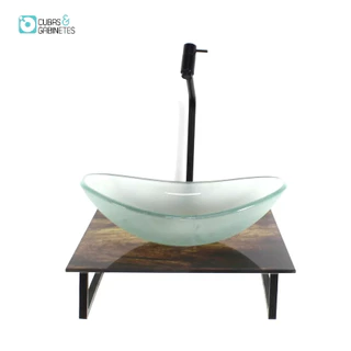 KIT CUBA DE VIDRO OVAL 10MM JATEADA COM TAMPO DE VIDRO 40CM X 40CM MADEIRA RUSTICA E SUPORTE PRETO