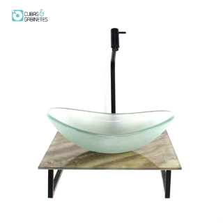 KIT CUBA DE VIDRO OVAL 10MM JATEADA COM TAMPO DE VIDRO 40CM X 40CM MÁRMORE MARFIM E SUPORTE PRETO